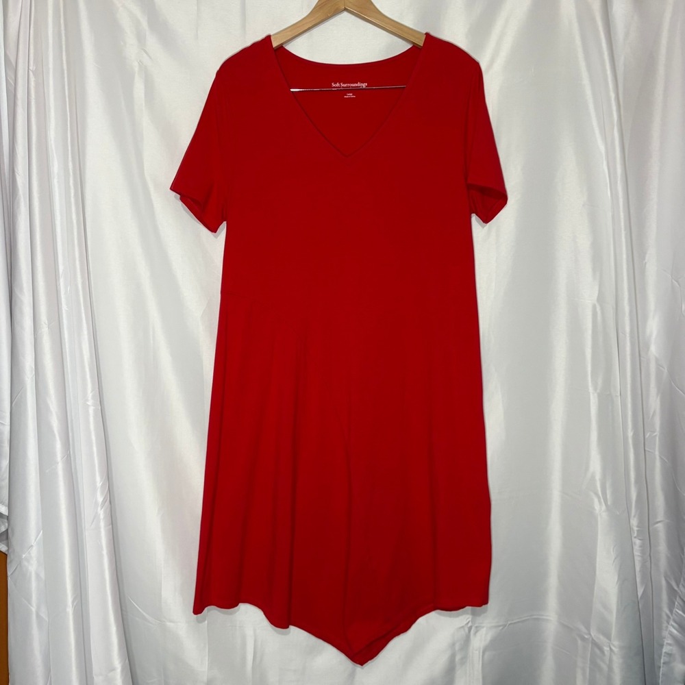 Soft Surroundings Red V-Neck Handkerchief Hem Knit Dress Large Short‎ Sleeve